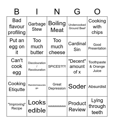 Bad Cooking Bingo Card