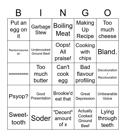 Bad Cooking Bingo Card