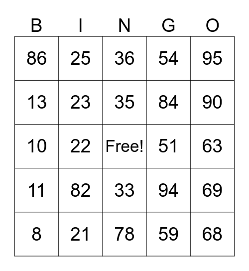 Number Bingo 1-100 Bingo Card