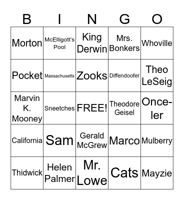 Dr. Seuss Bingo Game Bingo Card