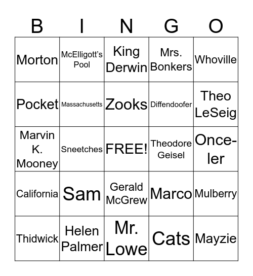 Dr. Seuss Bingo Game Bingo Card