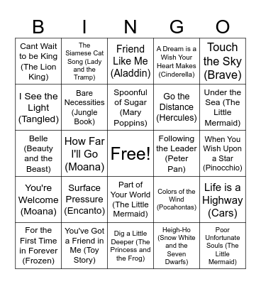 Disney SOng Bingo Card
