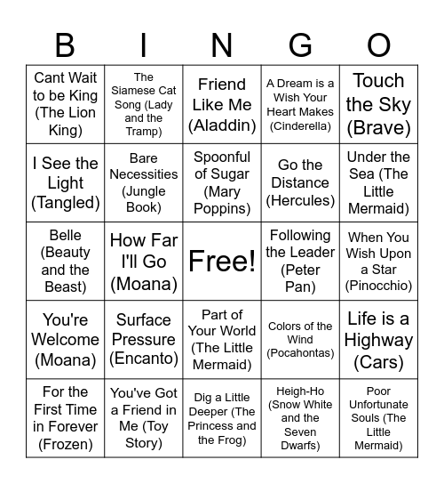 Disney SOng Bingo Card