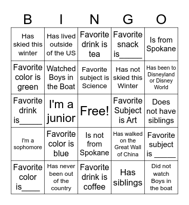 Get to know you Activity Bingo Card