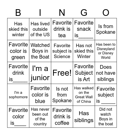 Get to know you Activity Bingo Card