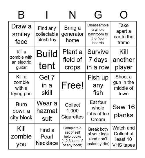 Zomboid Race Bingo Card