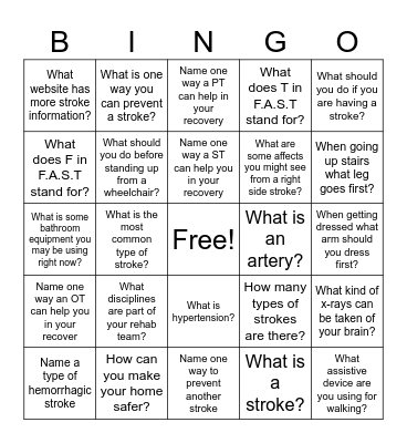Stroke Education Bingo Card