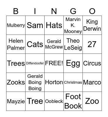 Dr. Seuss Bingo Game Bingo Card