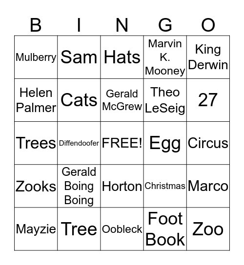 Dr. Seuss Bingo Game Bingo Card