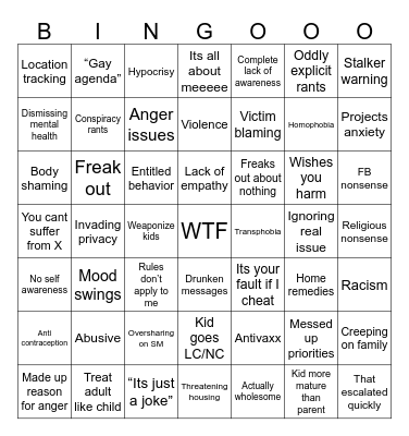 r/Insane Parents Bingo Card