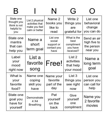 Mental Health Bingo Card