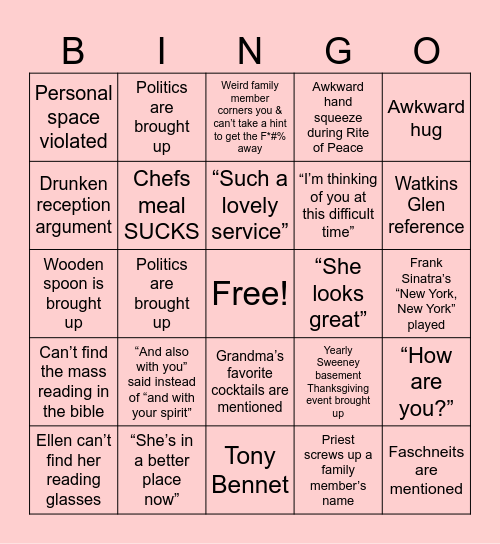 Funeral Bingo Card