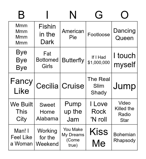 New Years Eve Music Bingo Card