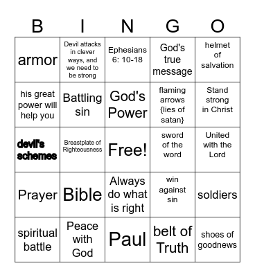 Armor of God Bingo Card