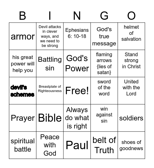 Armor of God Bingo Card