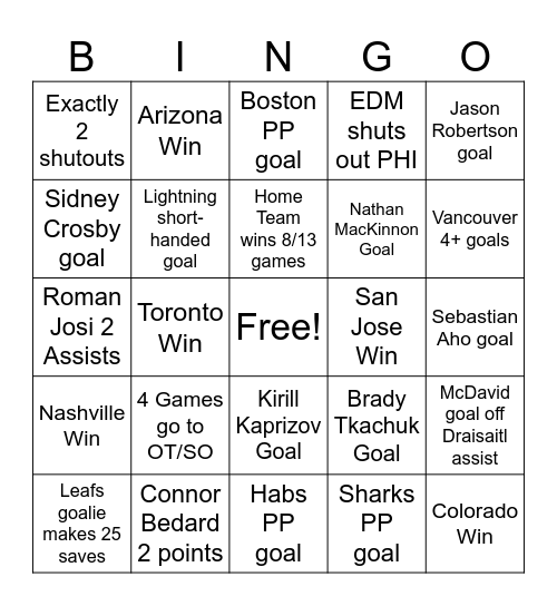 Hockey Bingo - 1/2 Bingo Card