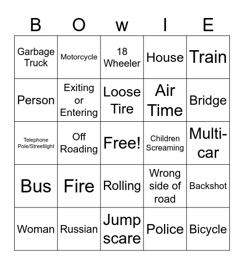 Car Bowie Bingo Card