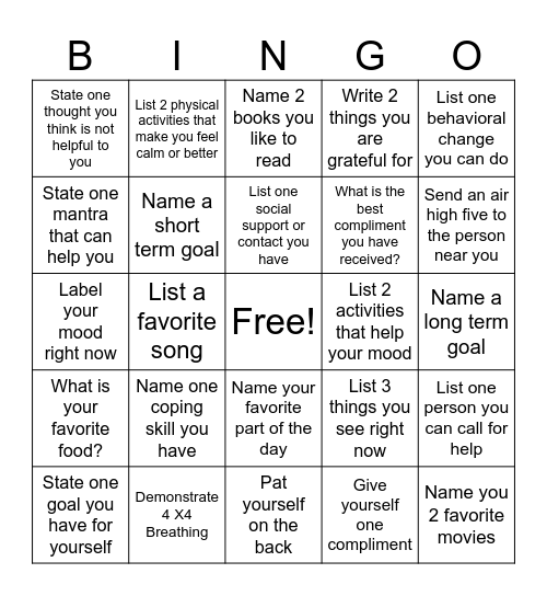 Mental Health Bingo Card