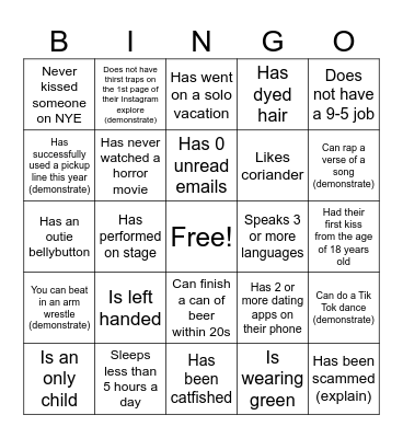 NYE 2023 Bingo Card