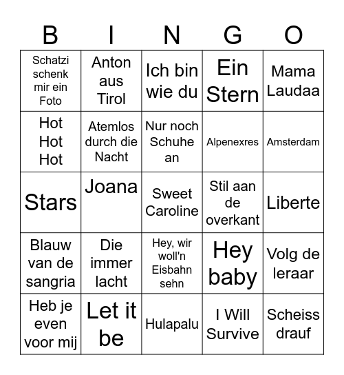 Apres Ski Bingo Card