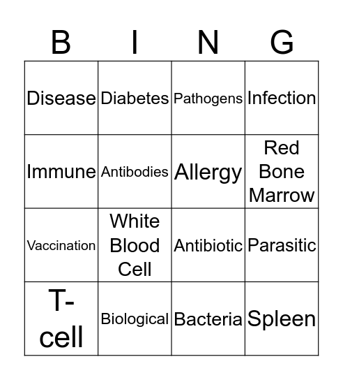 Immune System Bingo Card