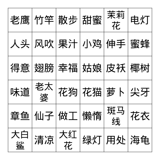 Hanzi Bingo Card