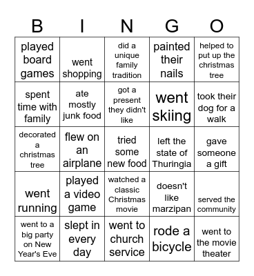 Find someone who-- Christmas Break Bingo Card