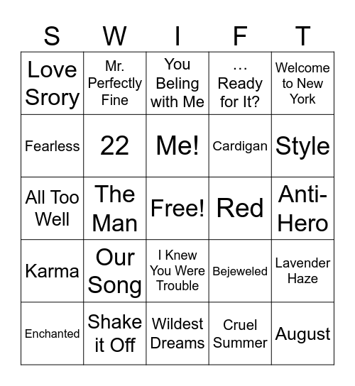 Song Bingo Card