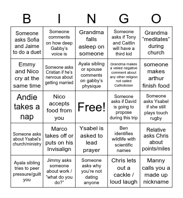 Reunion Bingo Card