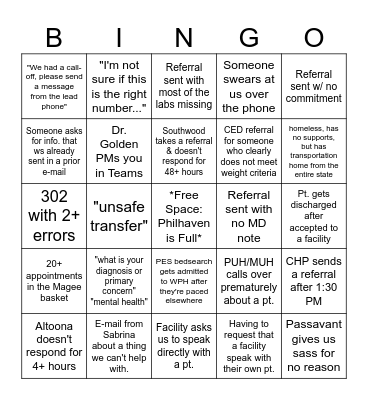 PC+ Clinician Bingo Card