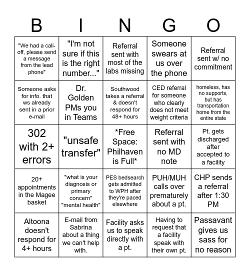 PC+ Clinician Bingo Card