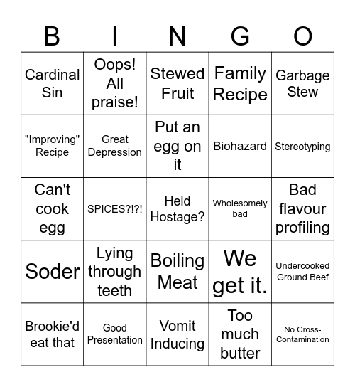 Bad Cooking Bingo Card