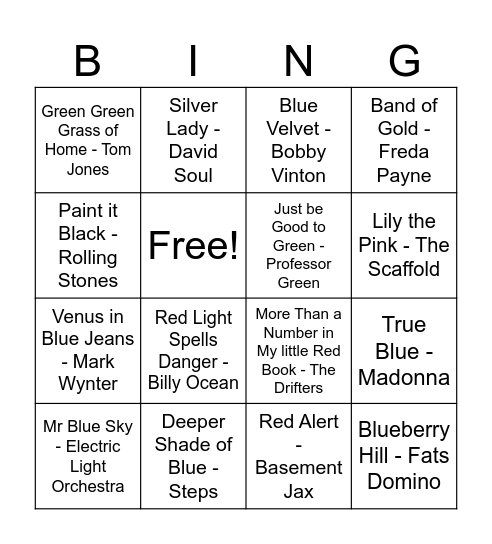 Colours Music Bingo Card