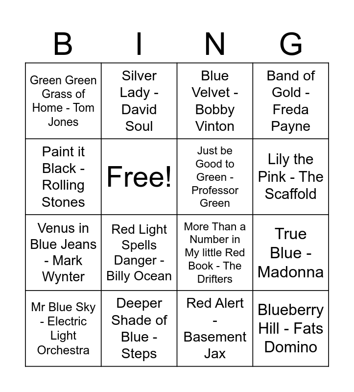 Colours Music Bingo Card
