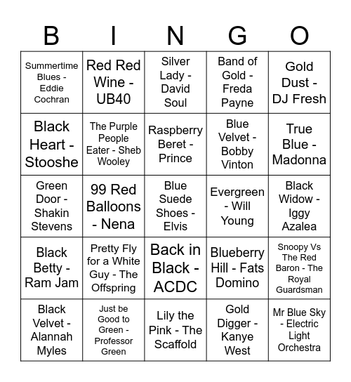 Colours Music Bingo Card