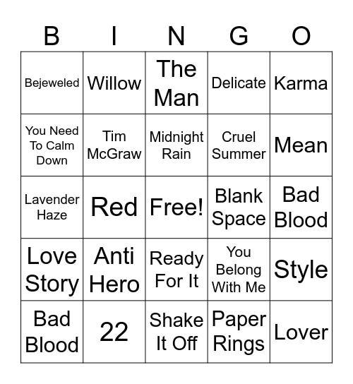 Swiftie Bingo Card