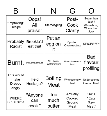 Bad Cooking Bingo Card