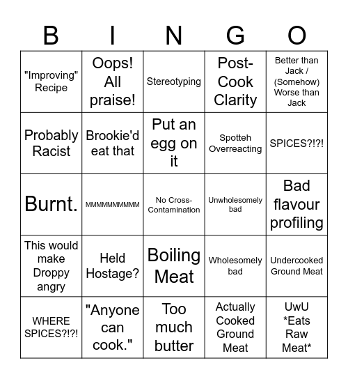 Bad Cooking Bingo Card