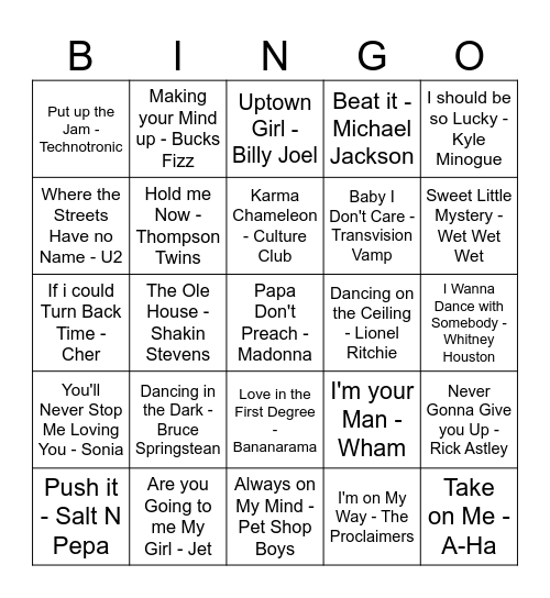 80's Music Bingo Card