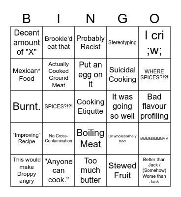 Bad Cooking Bingo Card