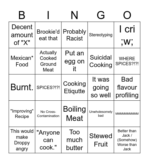 Bad Cooking Bingo Card