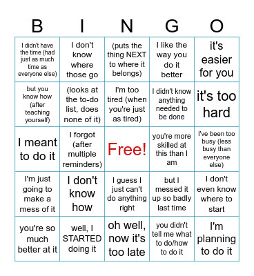 Weaponized Incompetence Bingo Card