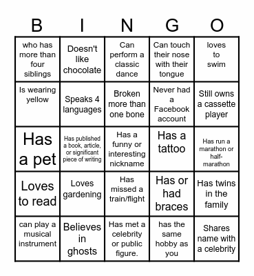 Mingle ! Find Someone who Bingo Card