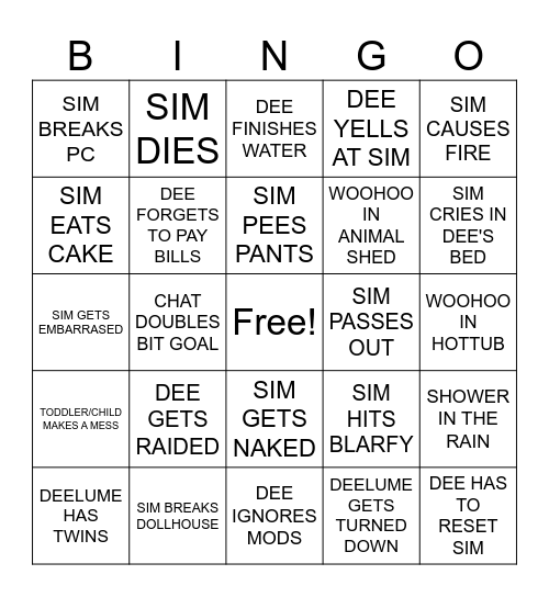 communiDEE Sims Bingo Card