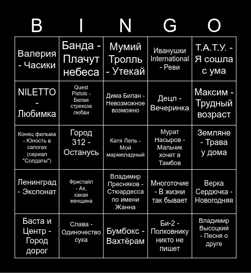 Russian Music Bingo Card