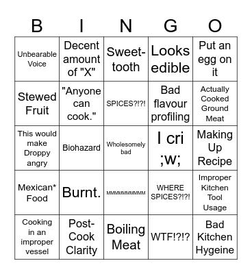 Bad Cooking Bingo Card