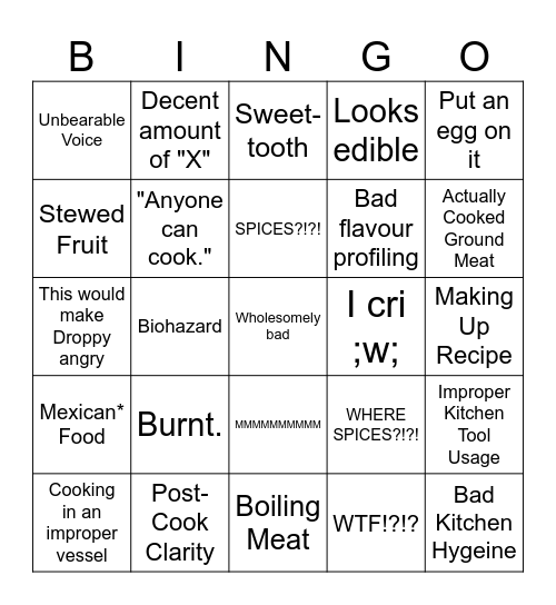 Bad Cooking Bingo Card