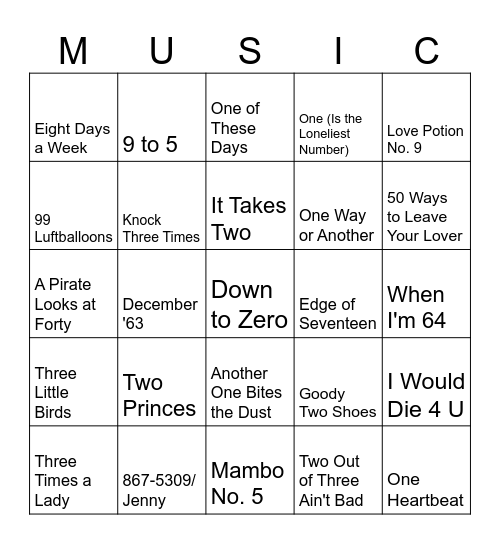 Songs with Numbers Bingo Card