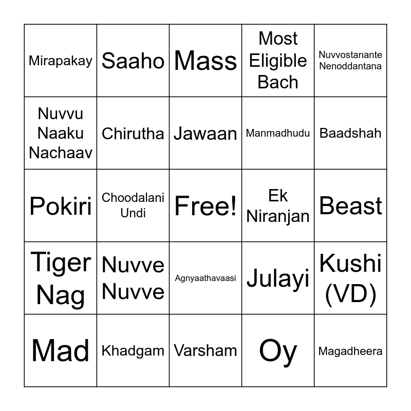 Telugu Movie Bingo Card