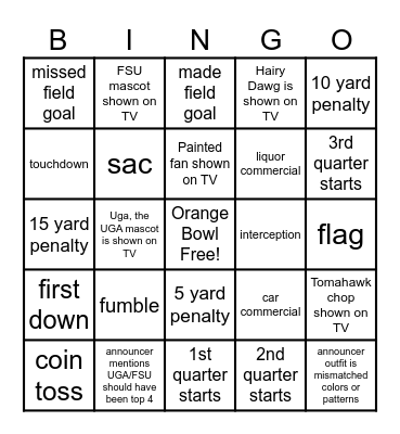 Orange Bowl 2023 Bingo Card